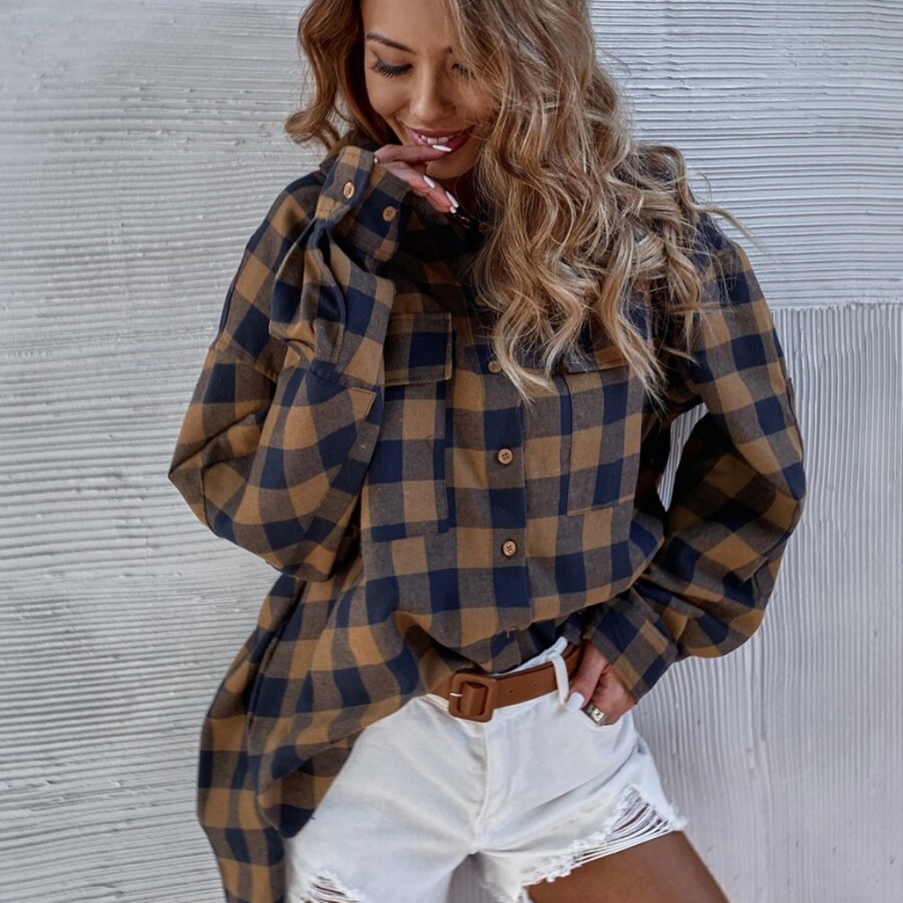 mustard buffalo plaid oversized button up top
